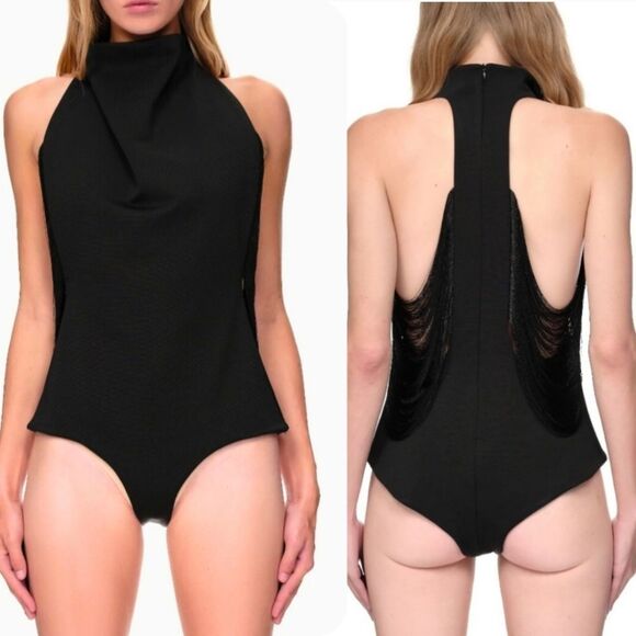MAXIMILIAN DAVIS Size 8 Black Silk Fringe Funnel Neckline Cut Out Bodysuit NWT - Picture 1 of 16